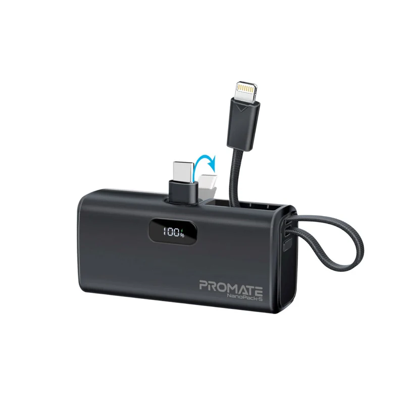 Promate NanoPack-5 Pocket-Sized, Fast Charging Power Bank with Foldable USB-C Connector and Lightning Cable - Black Promate NanoPack-5 Pocket-Sized, Fast Charging Power Bank with Foldable USB-C Connector and Lightning Cable - Black